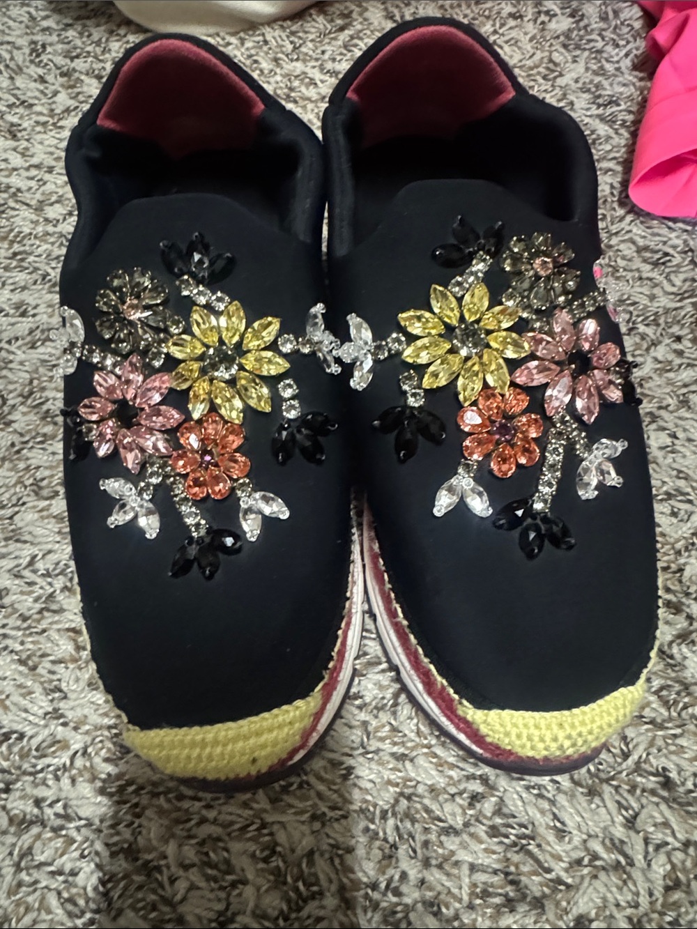 Authentic Dolce & Gabbana Black Slip-On Sneakers with Multicolor Crystal Flowers